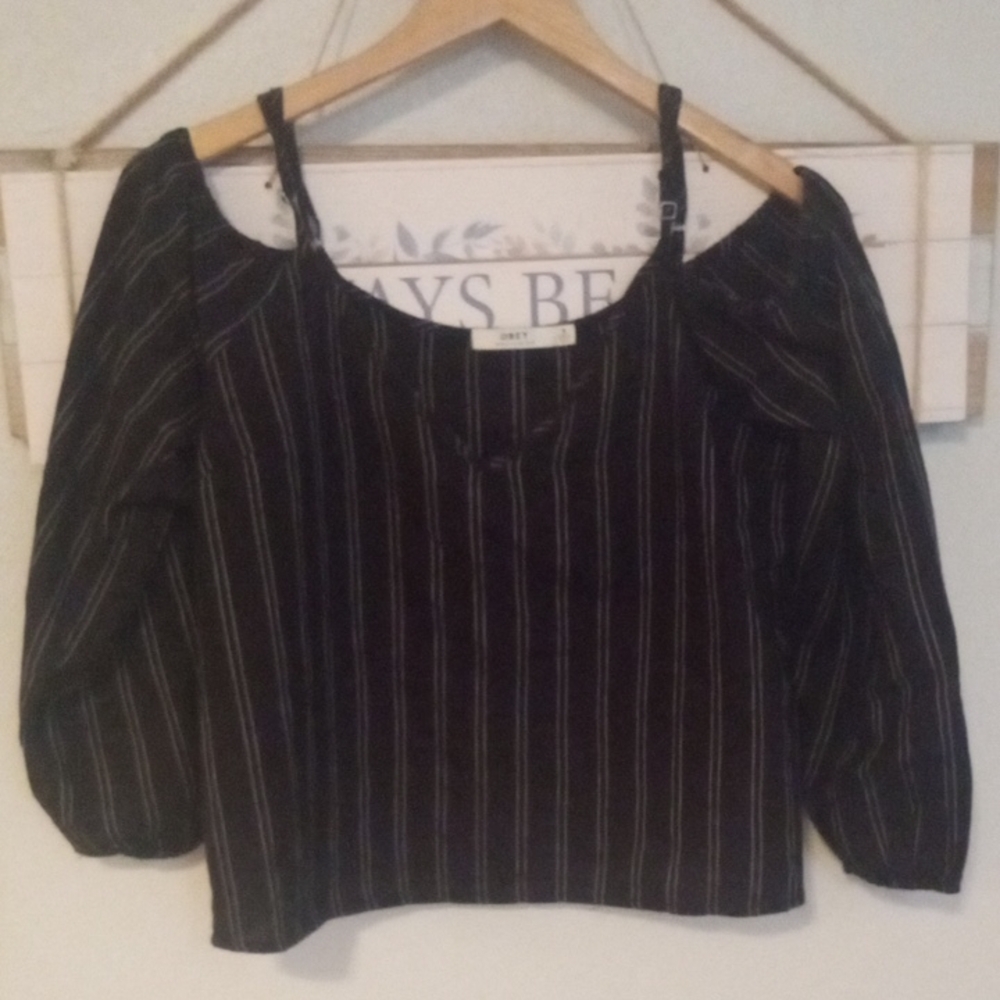 Pin striped off shoulder top